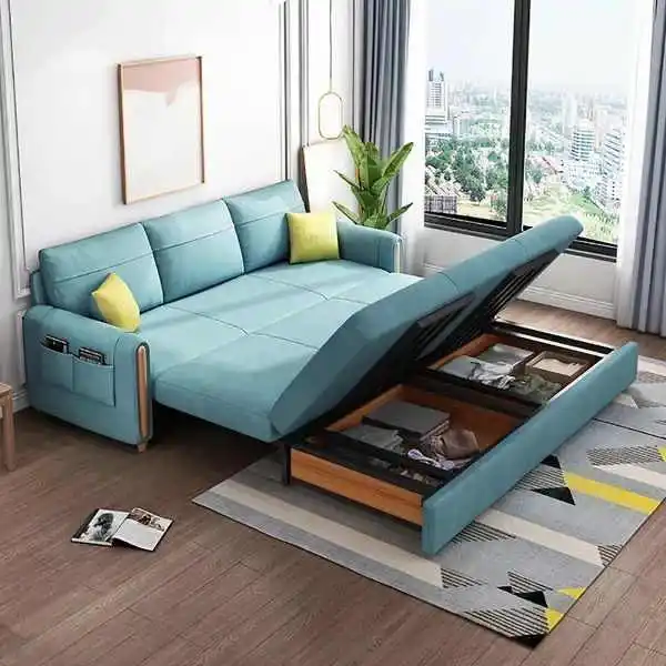MORE DESIGN Luxury Comfortable Home Furniture Hotel 3 seat Wood Frames Fabric Leather Folding Sofa Bed with Storage Living Room