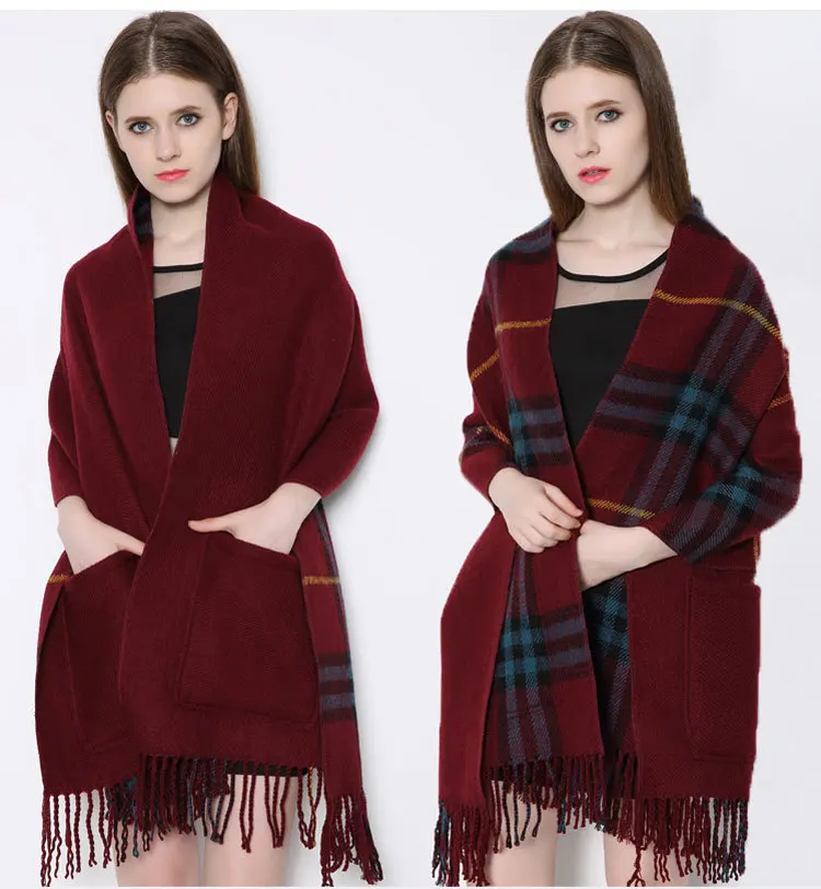 New Luxury Mink Cashmere Pocket Small Lattice Tassel Scarf Winter Warm Cloak Women Poncho Shawl