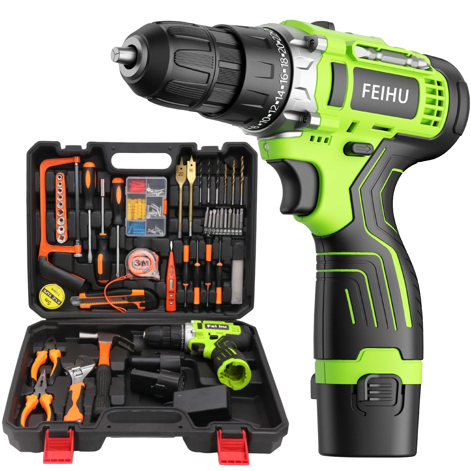 High quality multi-function 108 Pcs Household Power Tools Box Cordless Drill Set 12V Li-Ion Battery & Charger for Home