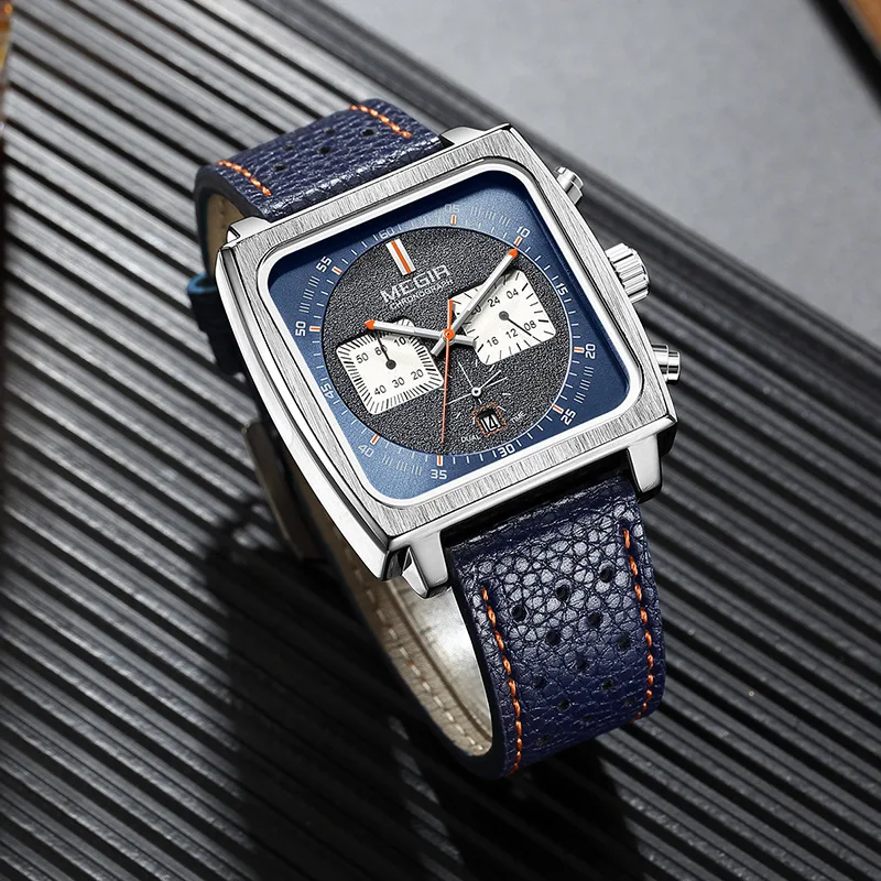 2024 Fashion Square Case 52MM Large Size Leather Stainless Steel Chronograph Quartz Watch For Men