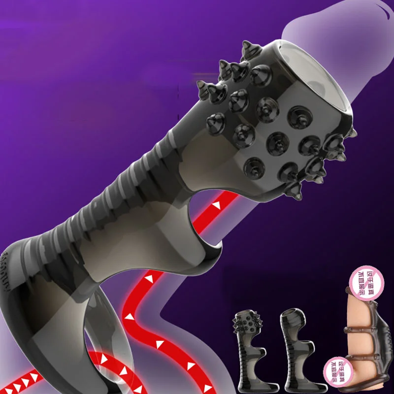 Penis Extender Sleeve Condoms Cock Restraints Ring Male Enlargement Time Delay Spike Clit Massager Cover For Men
