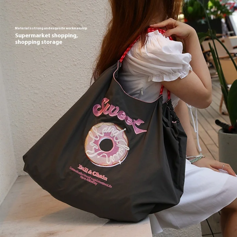 Embroidered Eco-friendly Shopping Bag Foldable Single Shoulder Canvas Crossbody