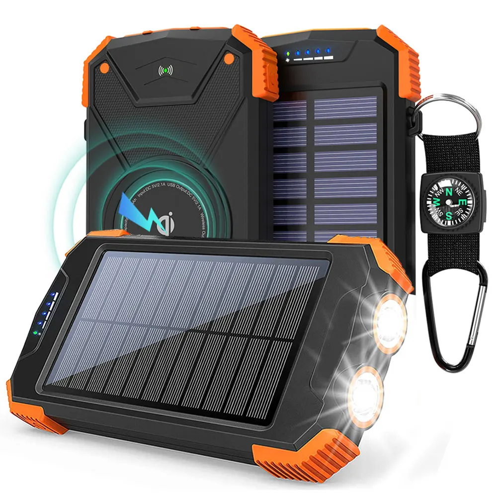Outdoor wireless charging 10000mAh Dual USb Solar Powerbanks mobile portable solar chargers With Bright Flashlight