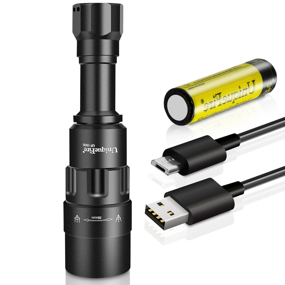UniqueFire1605-38 High quality Long Range Powerful Zoomable portable usb rechargeable Outdoor Camping tactical flashlight