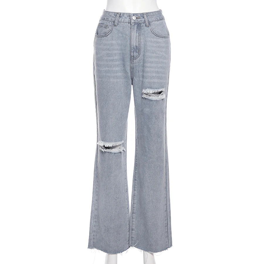 W21P08091 осенняя одежда модные 2021 хлопковые джинсовые брюки с высокой талией Прямые уличные рваные бандажные женские джинсы с дырками