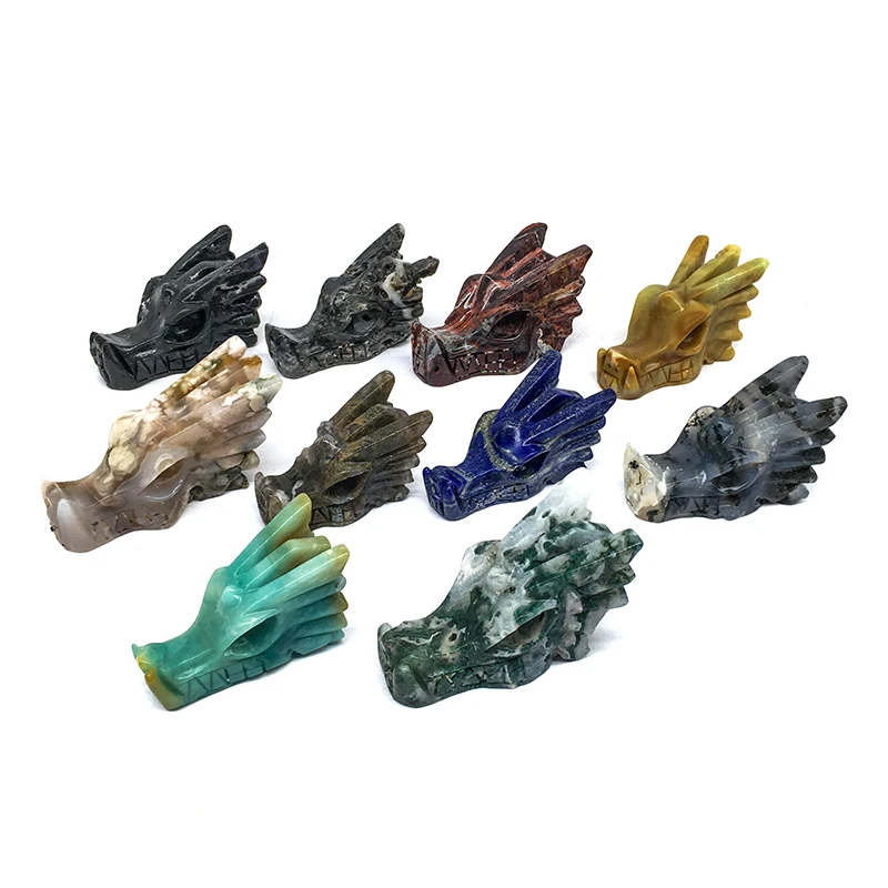 Wholesale crystal animals mix materials dragon head skull heading moss agate carving for home decoration and gift