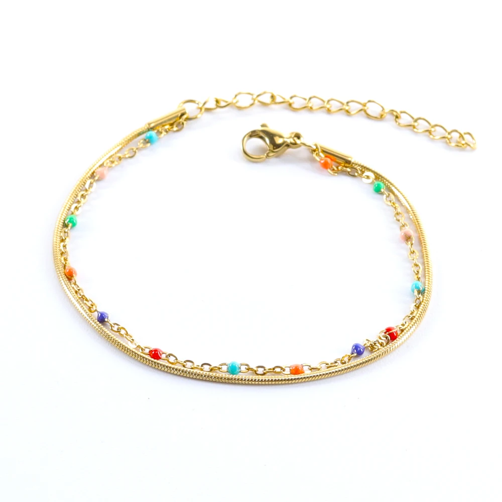 Bohemian Style Two-Layer Rainbow Beaded Bracelet Colorful Rice Beads Adjustable Bracelet For Women  Friends Gifts
