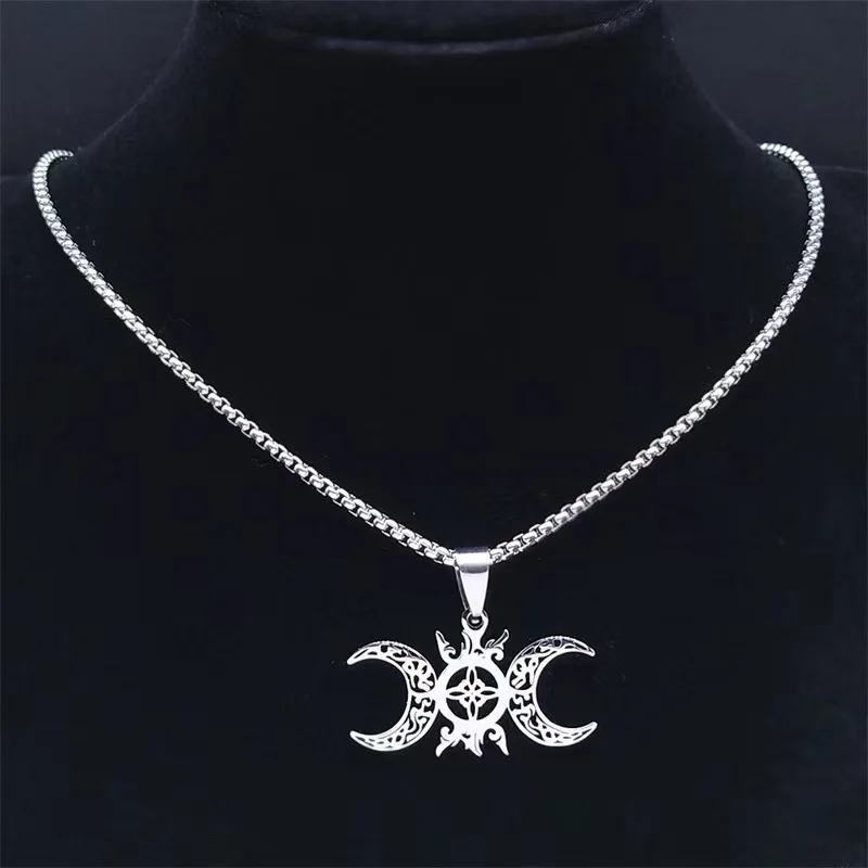 Fashion popular stainless steel jewelry three-layer Moon Pentagram pendant Halloween Witch necklace wholesale