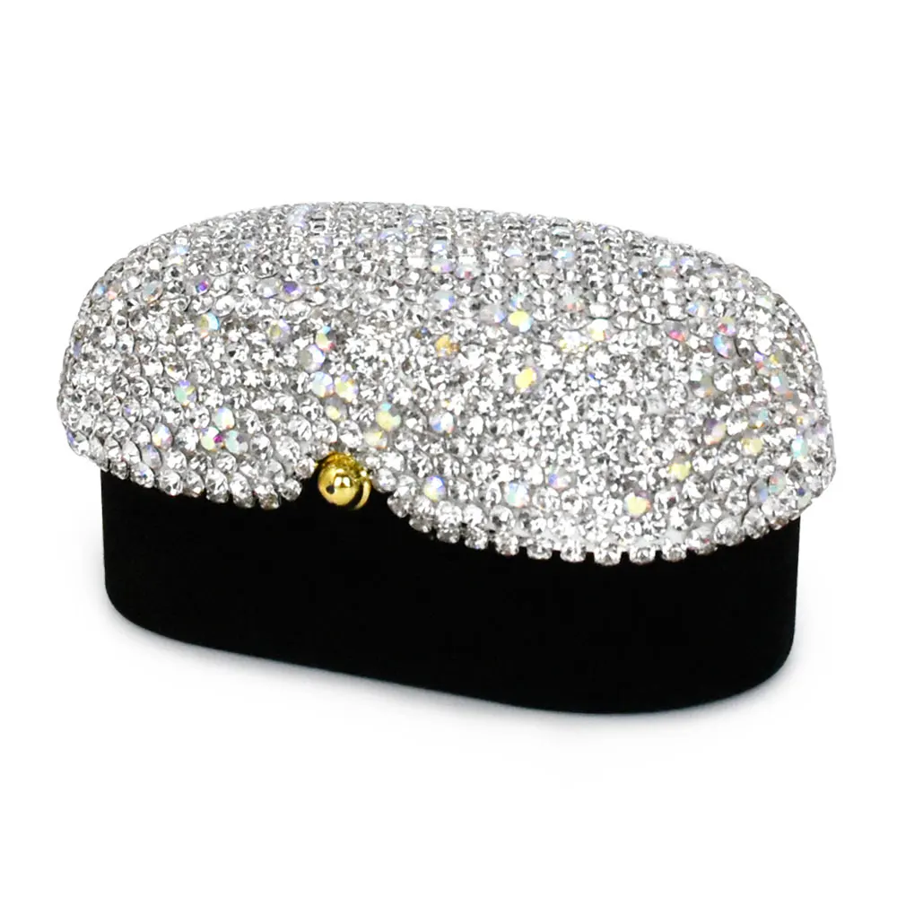 Luxury oval clamshell opening velvet jewellery double rings packaging box diamond attached jewelry box with diamonds