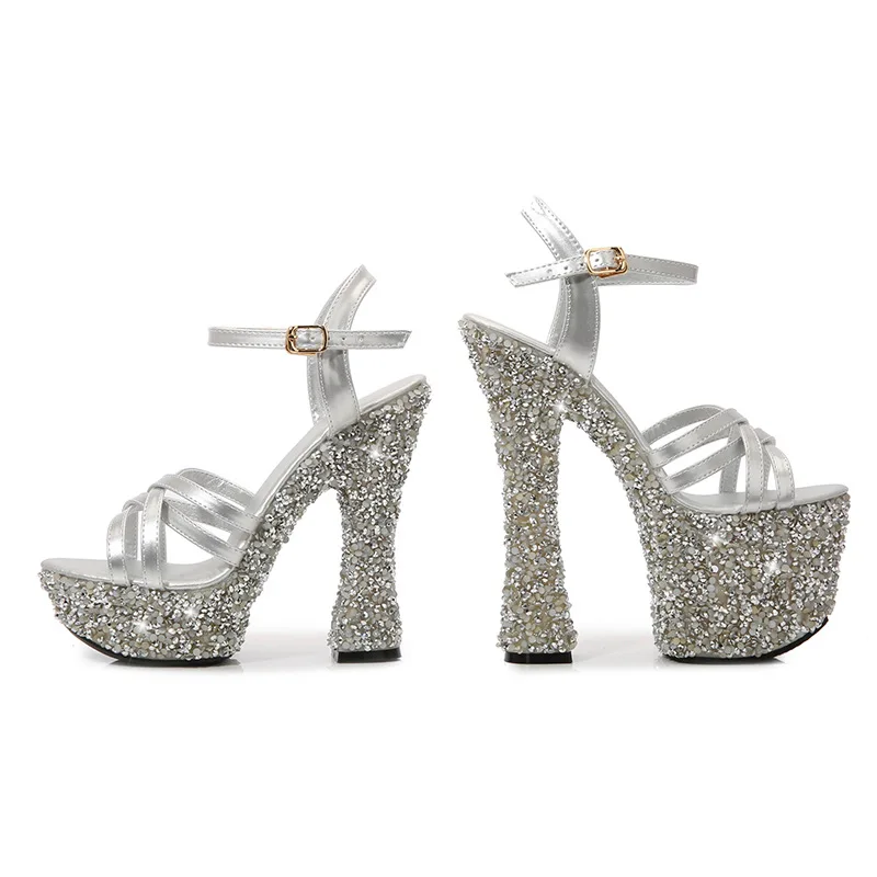 Sexy Fashion Summer Women 14 CM Chunky Shoes Shiny Glitter Platform Sandal Ankle Strap Girls High Heels Ladies Sandals