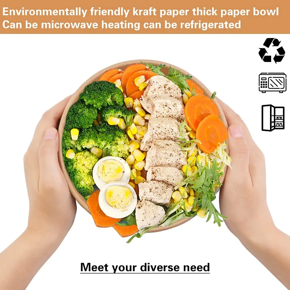Disposable Custom Logo Printing Food Packing Container Salad Bowls Kraft Paper Bowl With Paper PP Lid From Factory Manufacturer