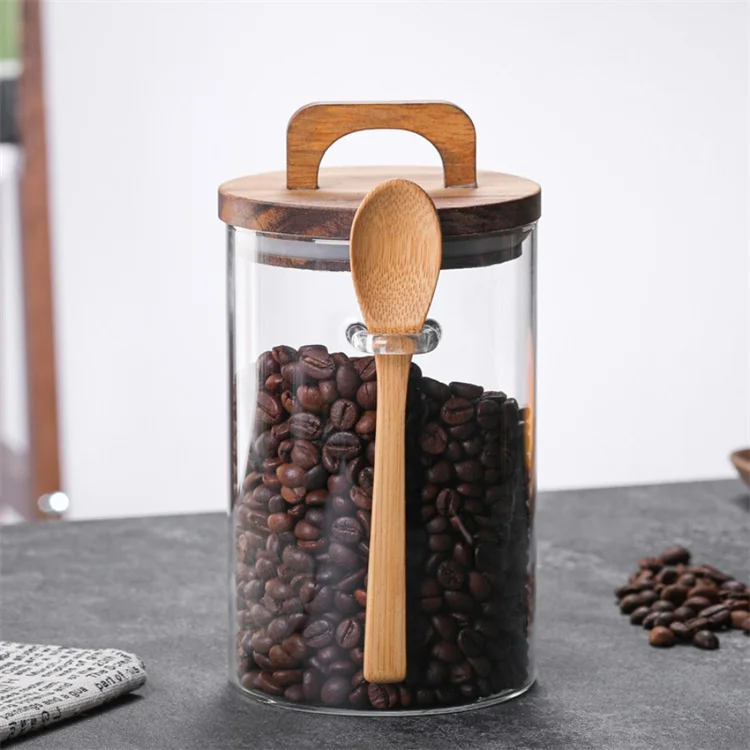 Kitchen Glassware Food Storage Container and Jar Eco Friendly Borosilicate Glass with Wooden 700ml 800ml 1000ml Handmade Modern
