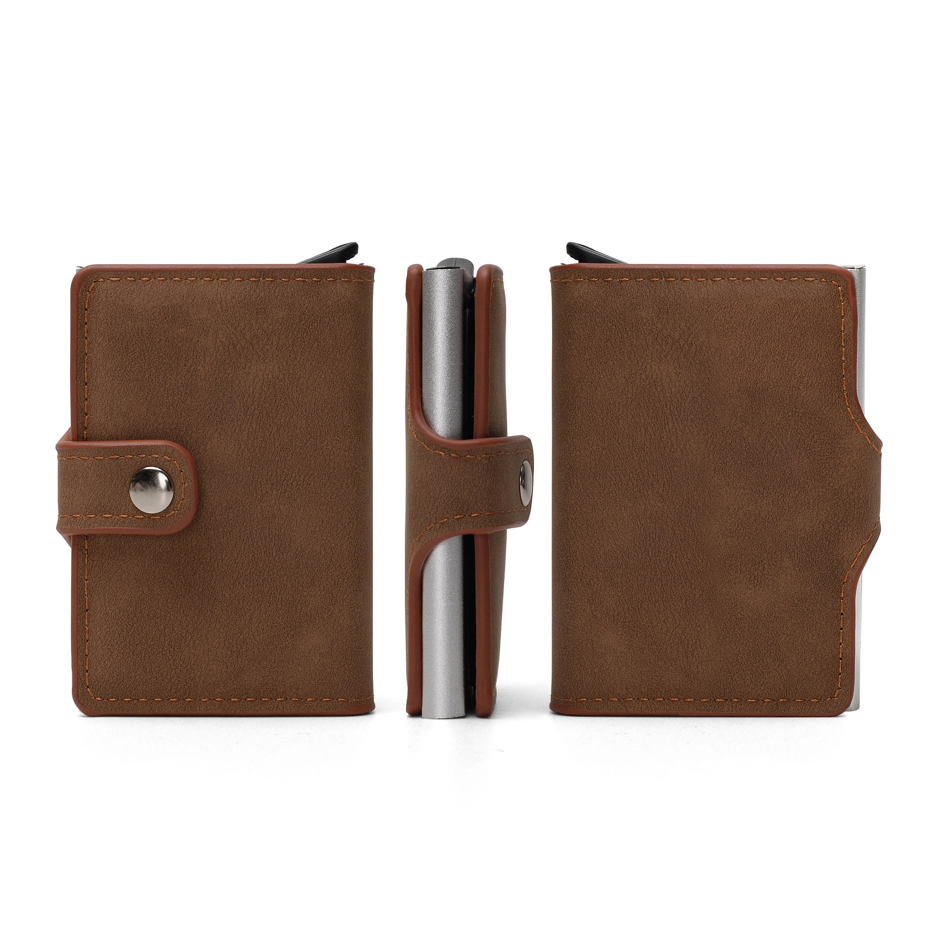 Wholesale leather pop up card holder smart metal wallet rfid blocking leather aluminum card holder