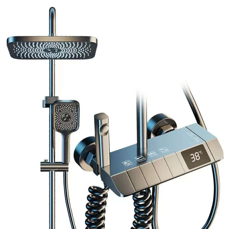 Gun Gray Bathroom Intelligent Piano Digital Display Shower Rainfall System Set Hot Cold 4 Functions Tap Shower Set
