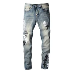 KX05 High street personality mens casual jeans cross embroidered plus size men jeans printed slim pants