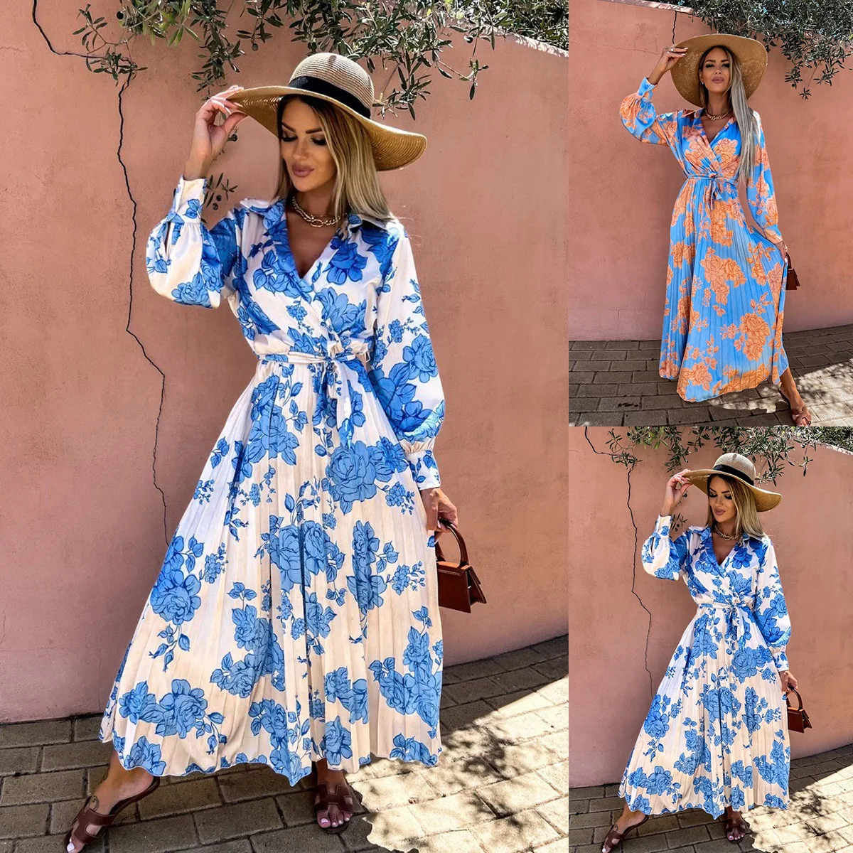 formal casual dresses elegant pleated night dresses for woman sexy evening gown Long sleeve V-neck floral dress women maxi skirt