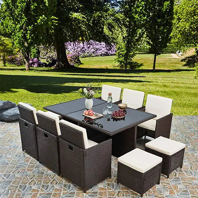 Vietnam Patio Outdoor Garden Wicker Rattan Cube 11 PCS Dining Chair and Table Set Furniture For Resort & Hotel