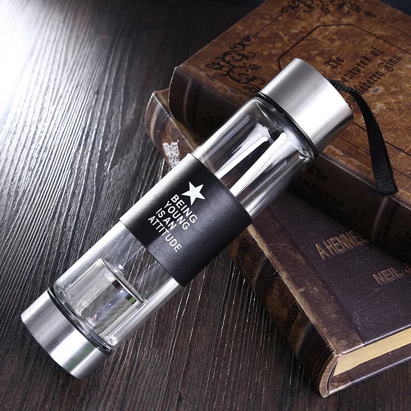 Подарочная чашка с логотипом на заказ, бутылка для воды с фильтром для чая, переносной Теплоизоляционный кожаный чехол, стеклянная бутылка для воды с ситечком для чая
