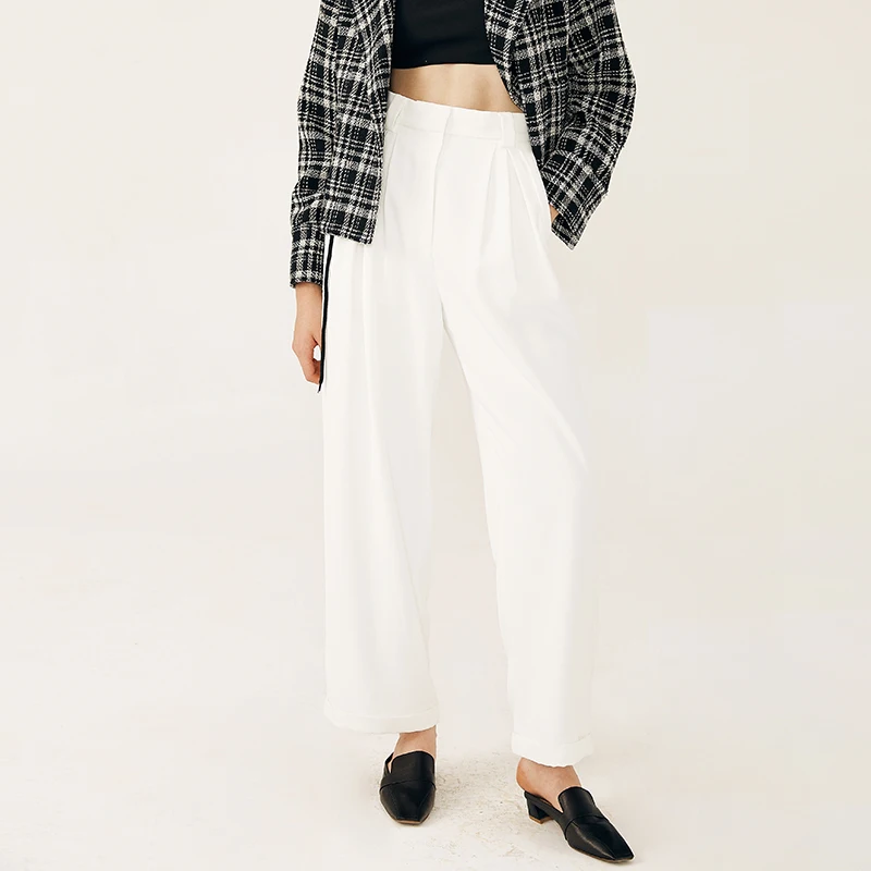 High quality womens swishy bottoms comfy high waist casual wide leg stack trousers white straight pants