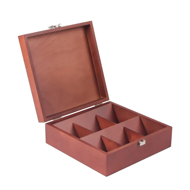 Custom 6 Compartments Red Acacia Wood Black Tea Storage Organizer Tea Bags Wooden Box