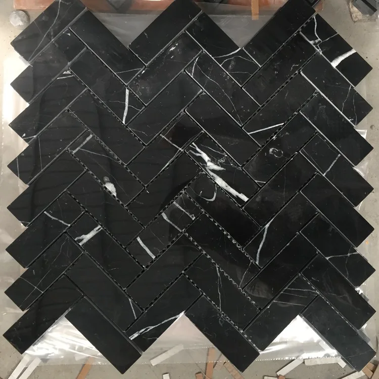 Modern China Black Marquina marble Herringbone shape mosaic tiles for floor and wall