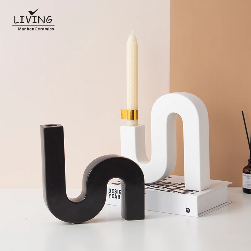 Modern Creative Design Black White Ceramic Nordic Decor Candlestick Table Centerpiece Candle Holder for Wedding Decoration