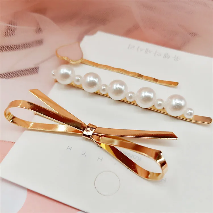 
2020 wholesale fashion gold metal hair clip bow bobby pins hairpins 3pcs set 