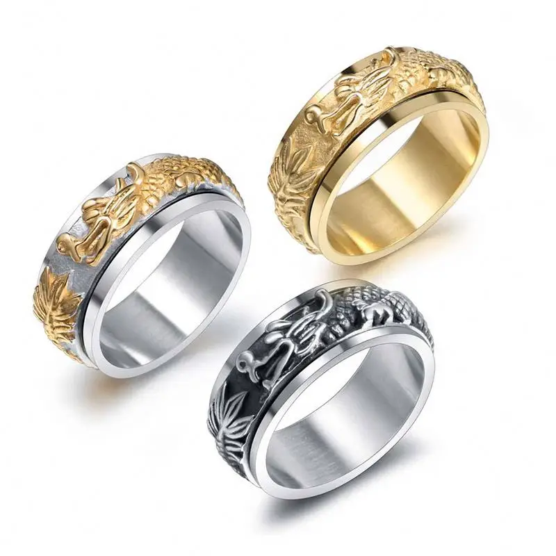 Eico 2021 new desgin dragon anxiety rotating finger ring sets 18k gold plated men rings sets stainless steel