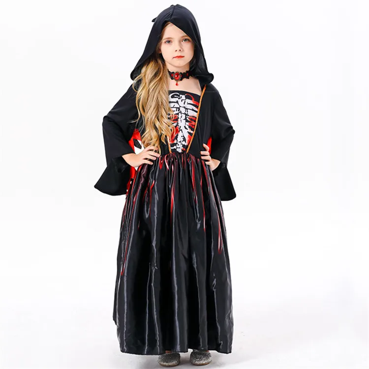 Supplier Wholesale Kids Halloween Costume Skeleton Girl Cosplay Wicked Witch Fancy Dress