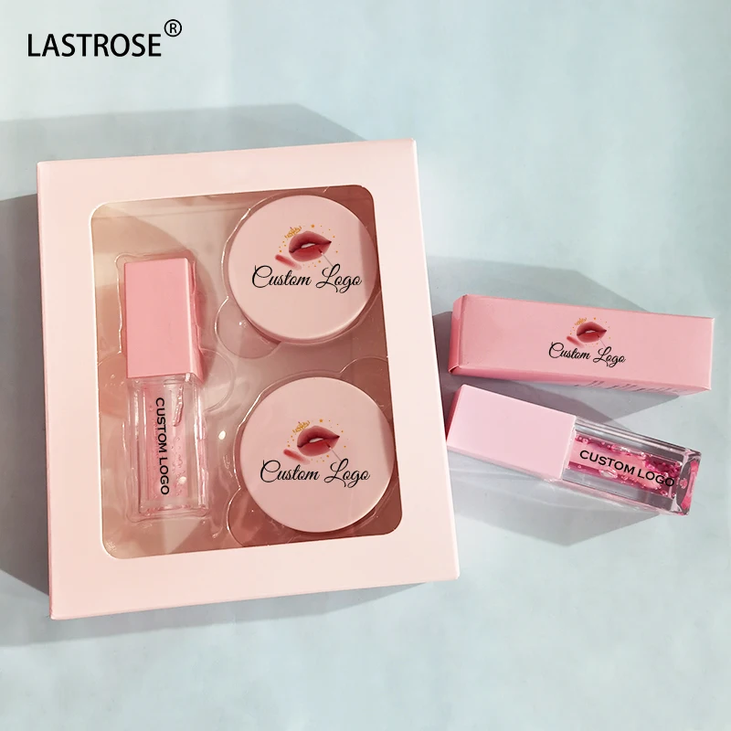 New popular pink lip scrub and balm set make your own logo logo lip oil moisturizing lip scrub set
