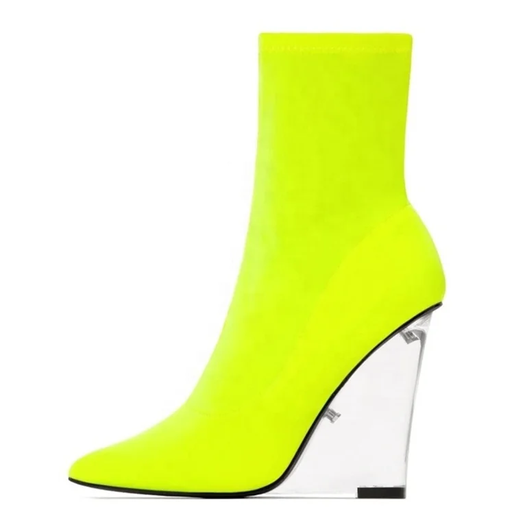 Candy Neon Snakeskin Printing Stretch Fabric Pointed Toe High Heels Transparent Crystal Wedges Pumps Shoes Big Size Ankle Boots