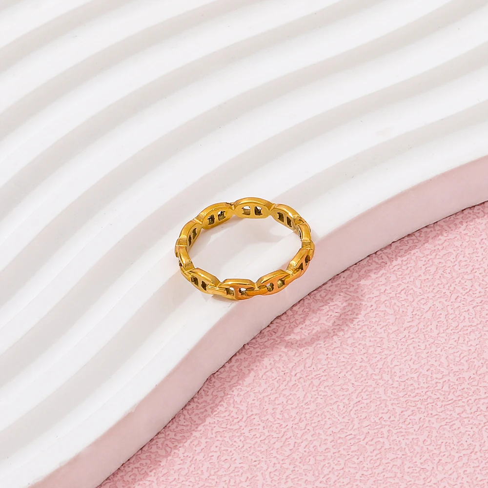 High End 18K Plain Gold Chain Hollow Rings Stainless Steel Trendy Simple Gold Plated Jewelry