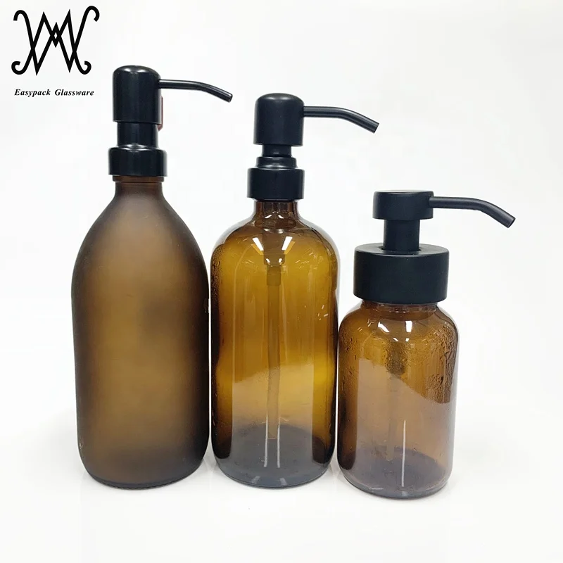 
250ml wide mouth amber glass bottle with matte black stainless steel hand soap dispenser pump 