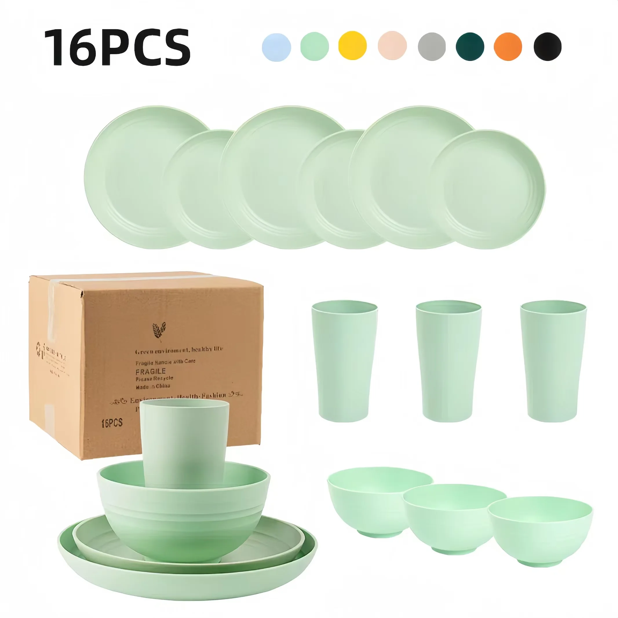 Multicolored Plastic Tableware 16 Pieces PP Material Bowls Cups Plates Unbreakable Dinnerware Set