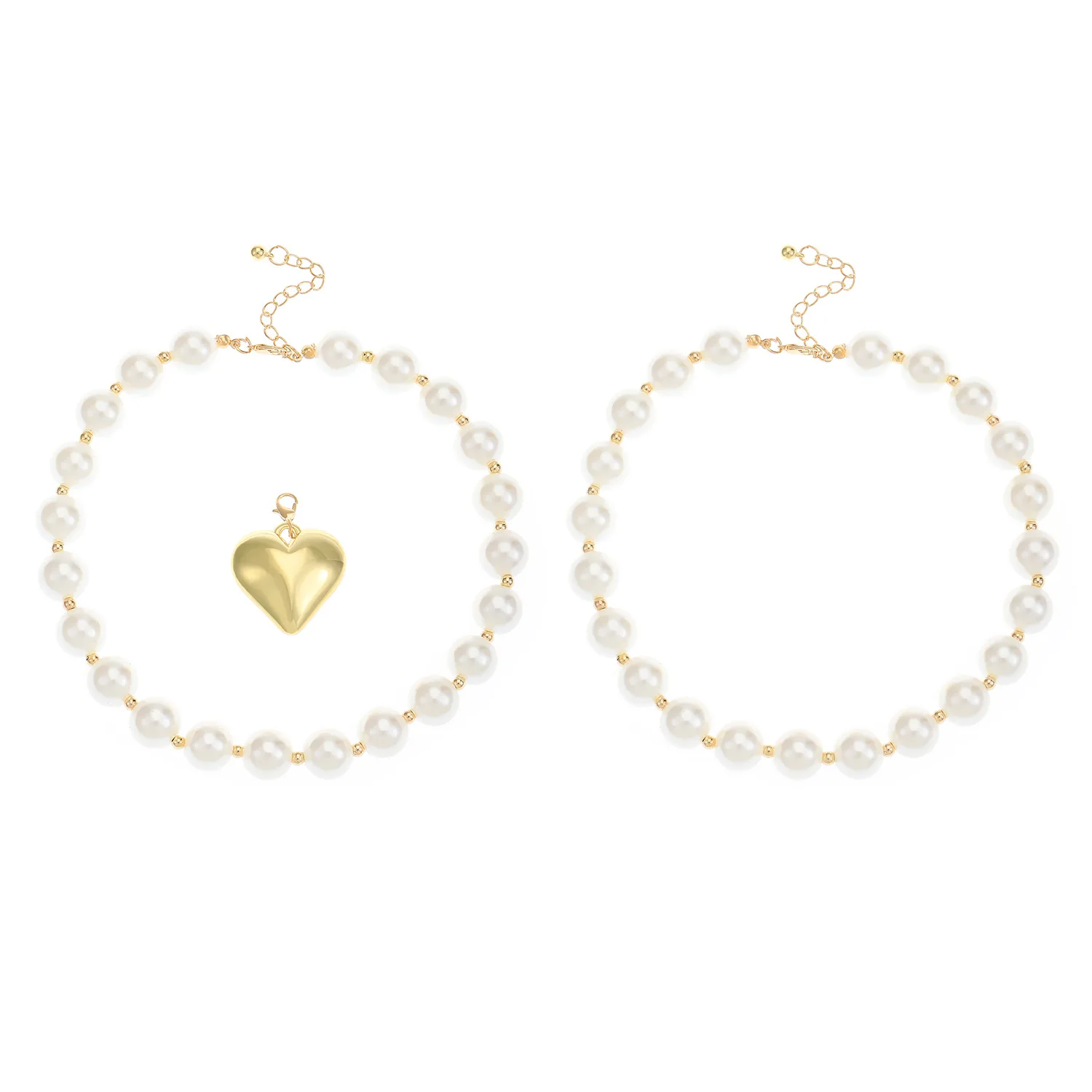 Gold Plated Double Layered Chunky Pearl Statement Necklace Jewelry Round Bead Big Heart Pendant Choker Necklace Sets Women