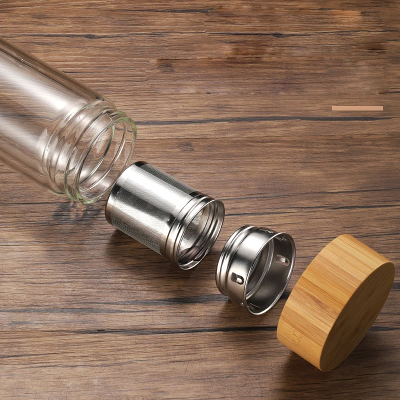 Изготовленным на заказ логосом Чай infuser фруктового сока герметичная стаканы с двойной стенкой Изолированная стеклянная бутылка для воды бамбуковой крышкой