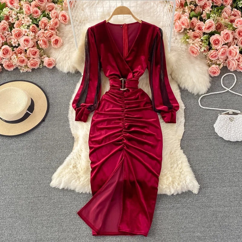 Fashion Long Bodycon Party Elegant Design Vestidos Velvet Evening Dress for Women