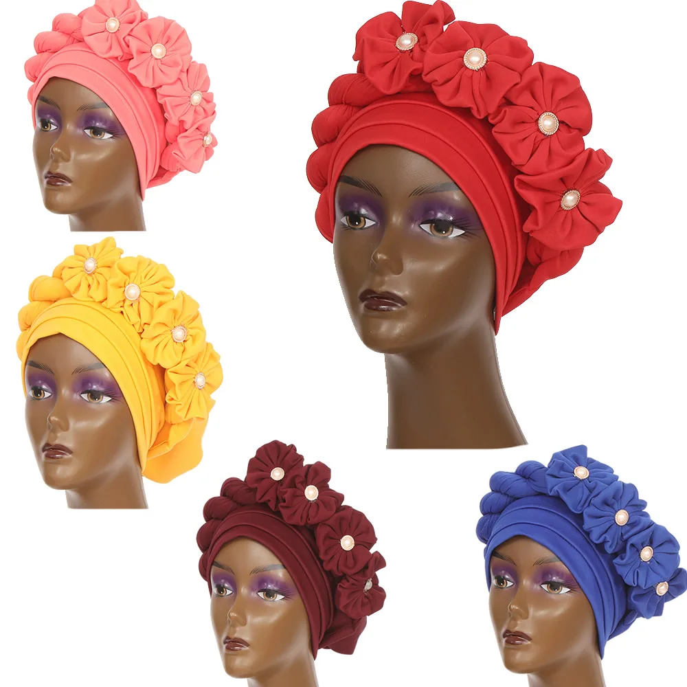 Q30687 Faux Pearl & Bow Decor Head Wrap Muslim Space Layer Hat African Nigerian Turban Gele  Braid turbans caps