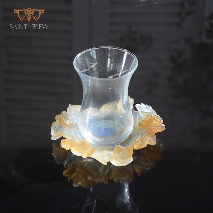 
Crystal Glass Arabic Tea Cup With Rose Flower Saucer 