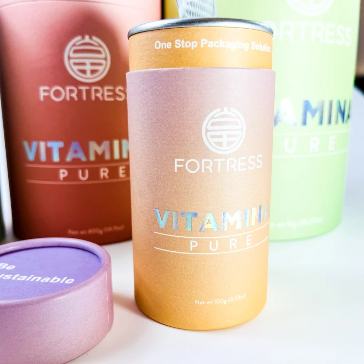 Custom eco-friendly food grade Powder Tin Lid Paper Tube Composite Can Packaging with easy tear lid