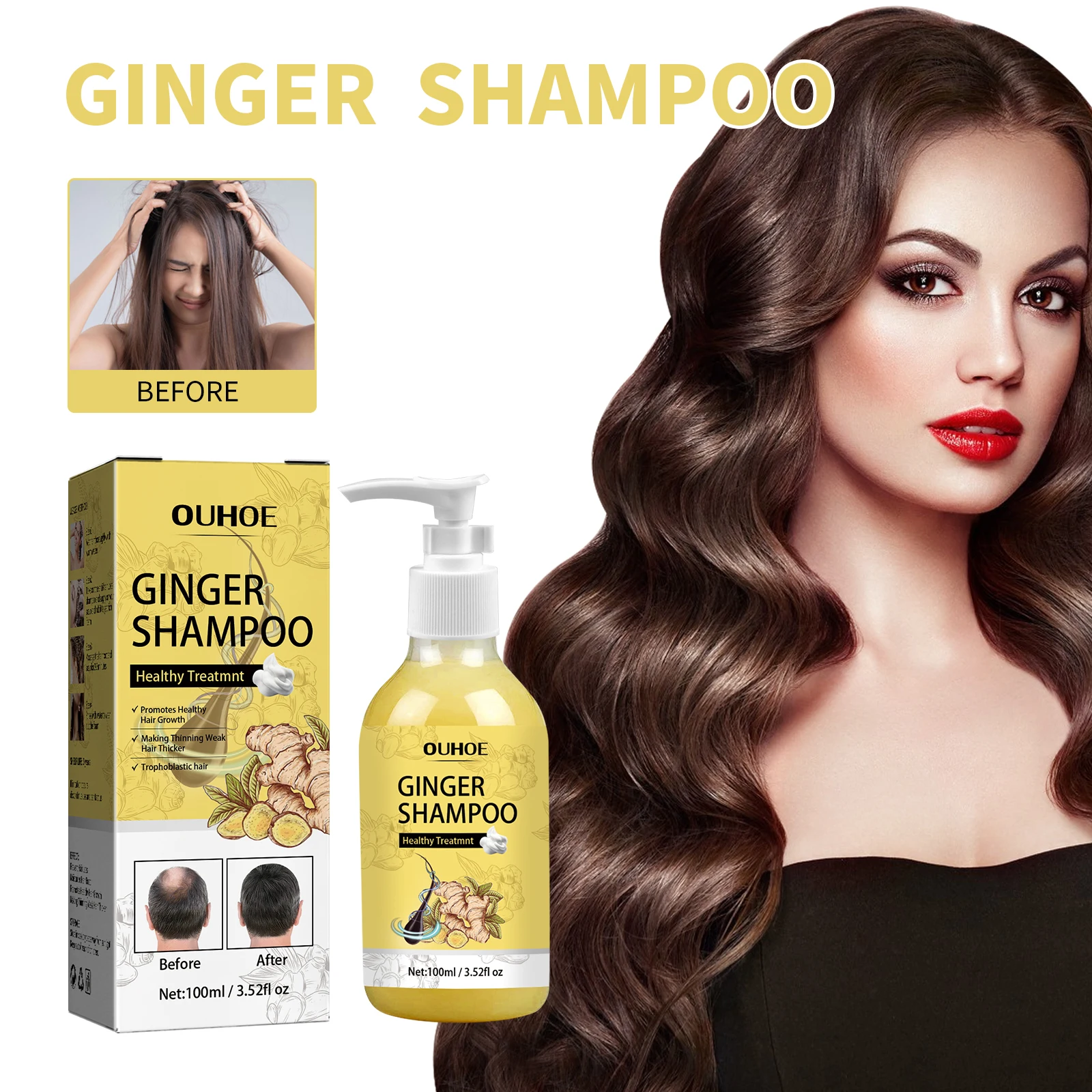 OUHOE Hair Shampoo Hair Growth Gel Moisturizing Anti-itch Solid Hair Care Dense Fluffy Body Care Organic Ginger shampooShampoo