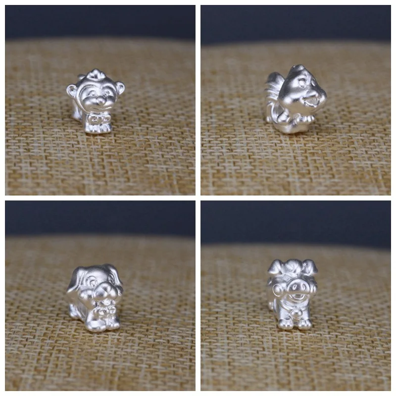 Fine 13mm S999 Sterling Silver Bead Personality Animal Zodiac Charm Loose Beaded For DIY Jewelry Accessories