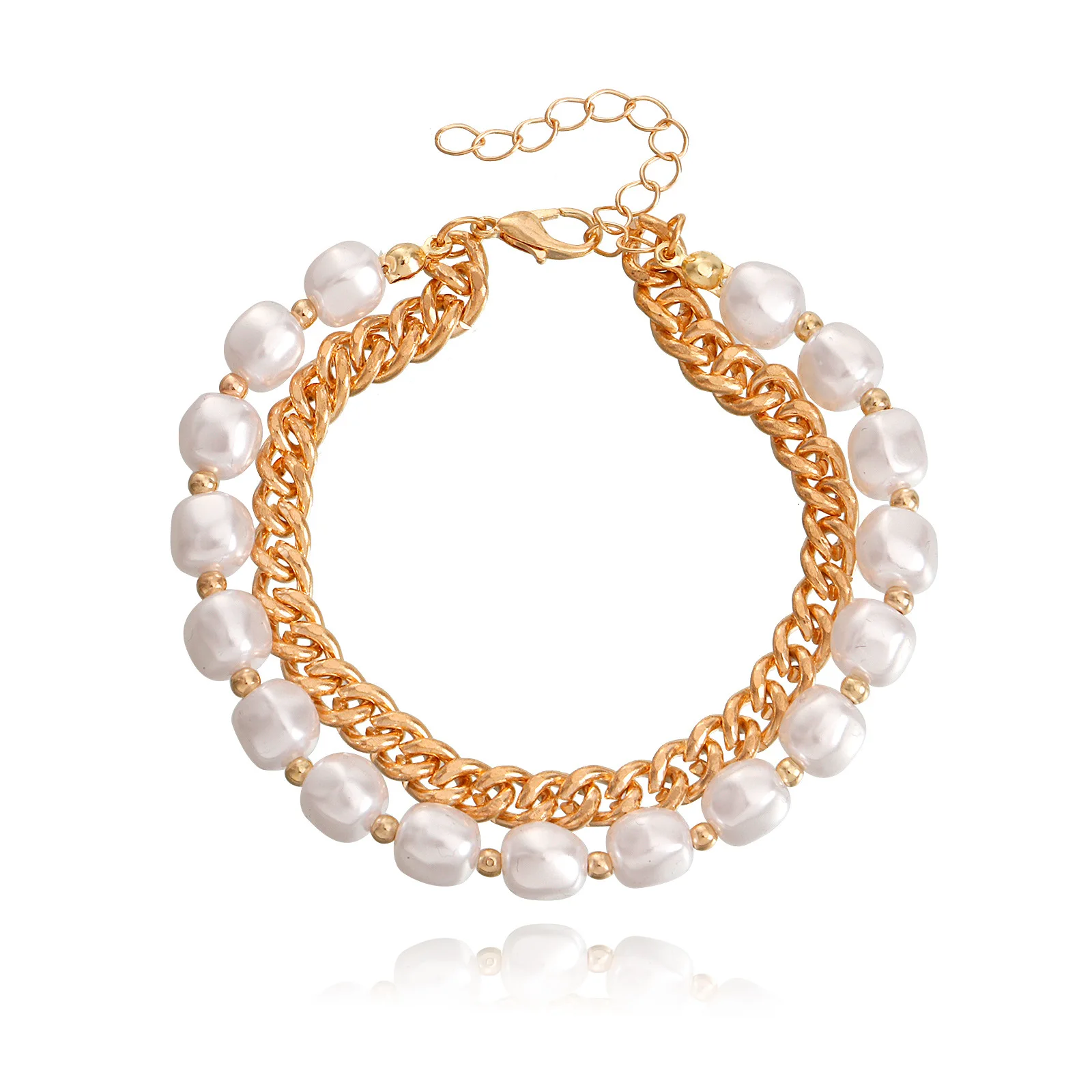 Factory Wholesale Double Layer Retro Wild Baroque Pearl Bracelet Hip Hop Thick Chain Cuban Chain Bracelet Women Jewelry