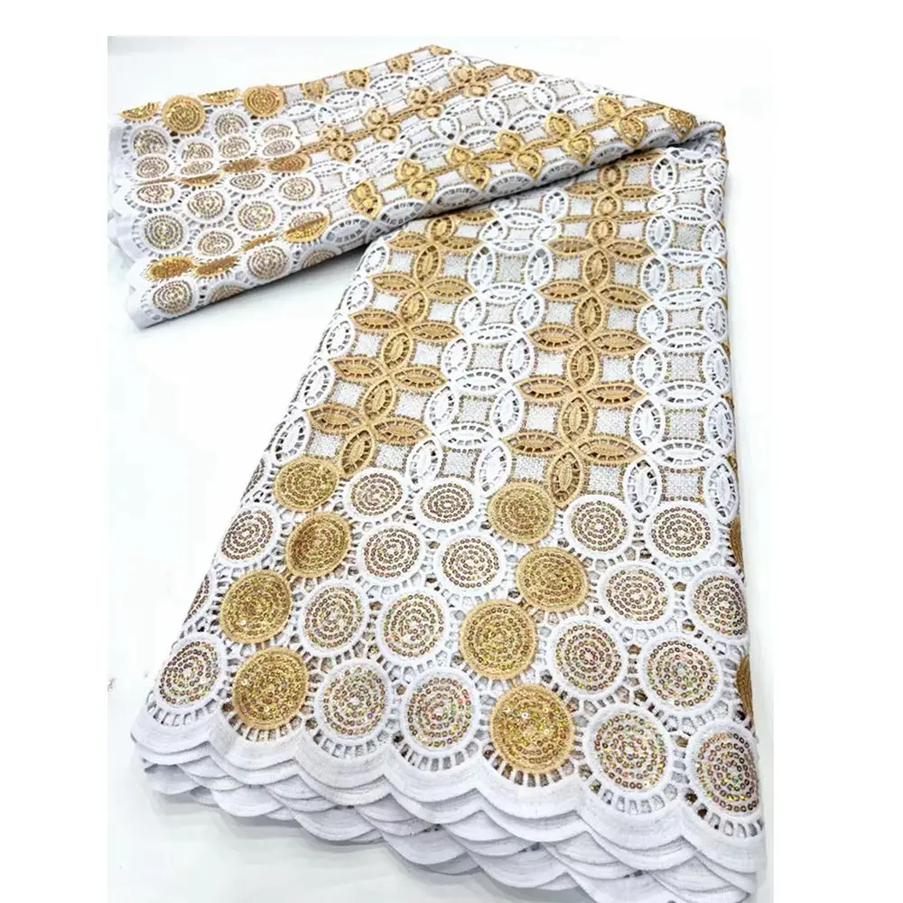 African Water soluble corded Lace with sequins fabric white mixed gold cotton guipure cord embroidery lace fabric for dresses