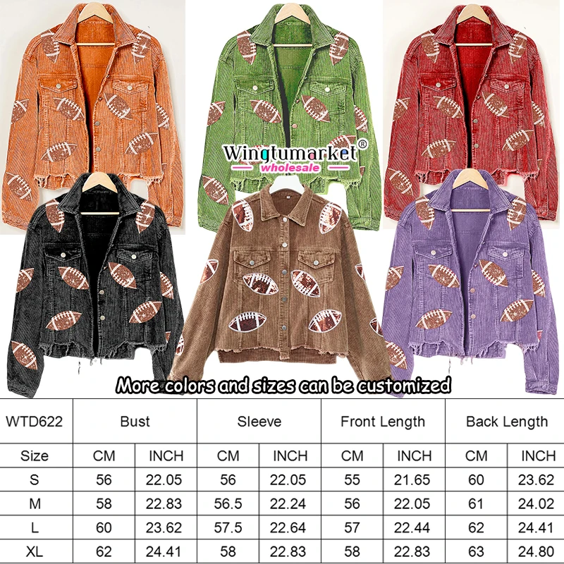 Wholesale sequin corduroy jacket woman vintage wash fringe shacket glitter football embroidery patch jackets for women