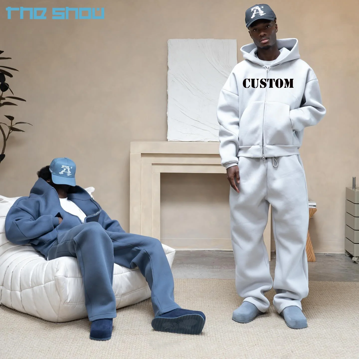 Custom Logo Heavyweight 600 GSM 100% Cotton Blank Pullover Boxy Baggy Hoodie And Sweatpants Tracksuit Sweatsuits Men