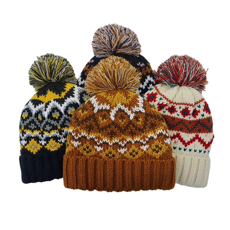 Fashion Pattern Fleece Lining Outdoor Toque Ski Beanie Knitted Hats Beanie Custom Hats