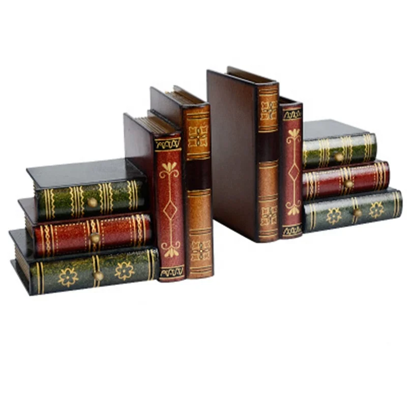 Retro bookend indoor decoration book stand Mini study library wooden books simulation book stand storage box