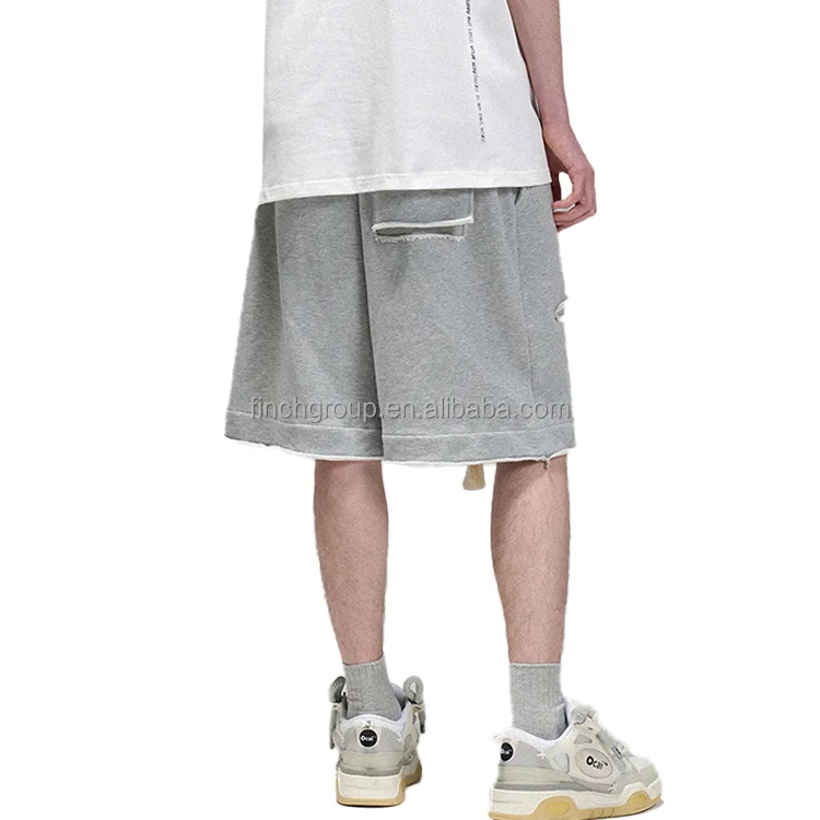 Finch Garment Wholesale French Terry Cotton Raw Edge Drawstring Waist Custom Men Gym Sweat Raw Edge Shorts