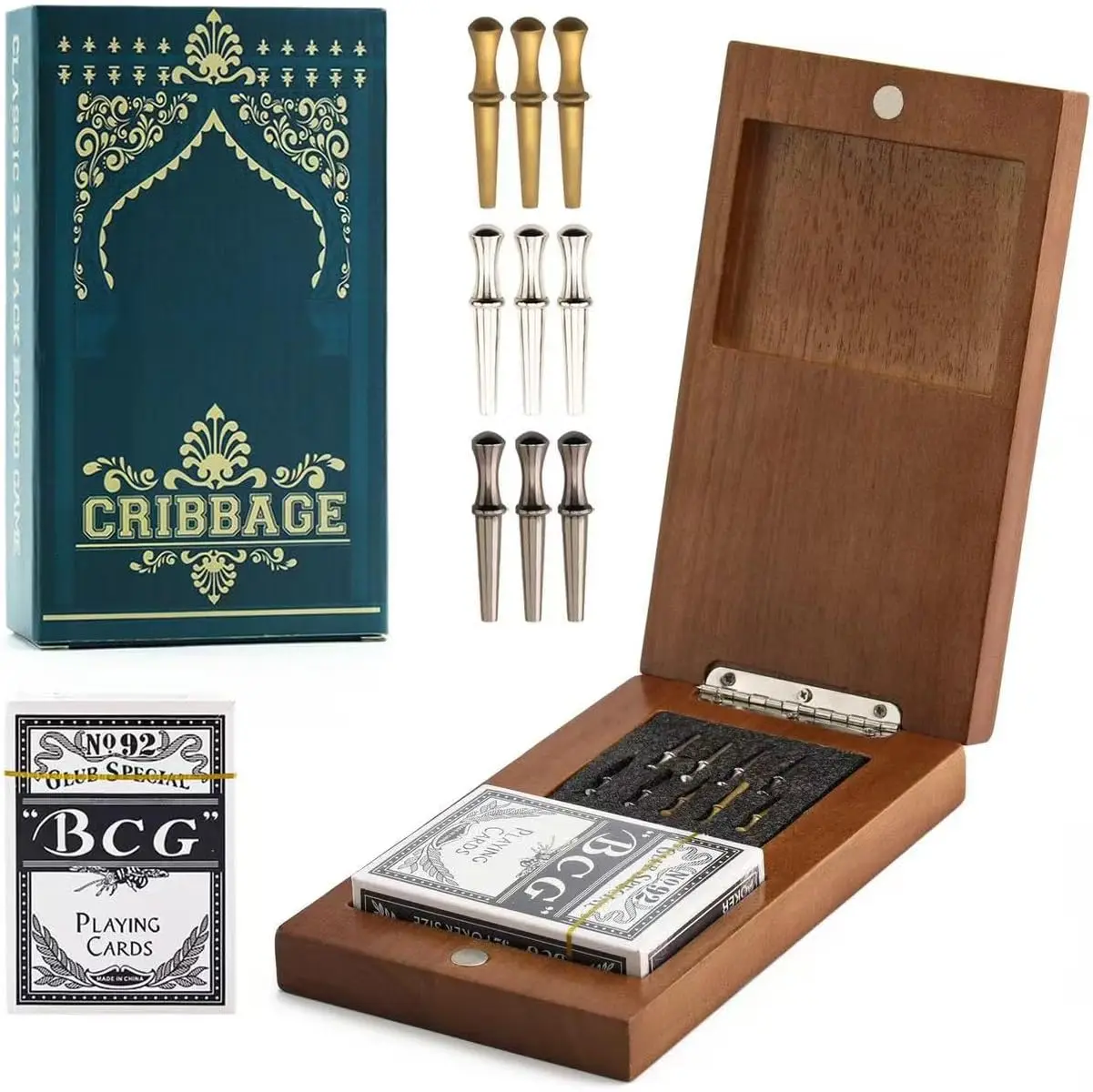Travel Cribbage Board with Storage and Collapsible with Magnetic Lock 9 Metal Pegs Full Deck of Cards Family Board Games Adults